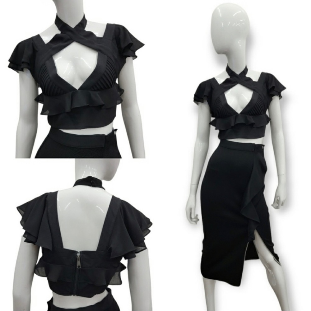 Nasty Gal Cropped Flutter Top in Black - XXS & S